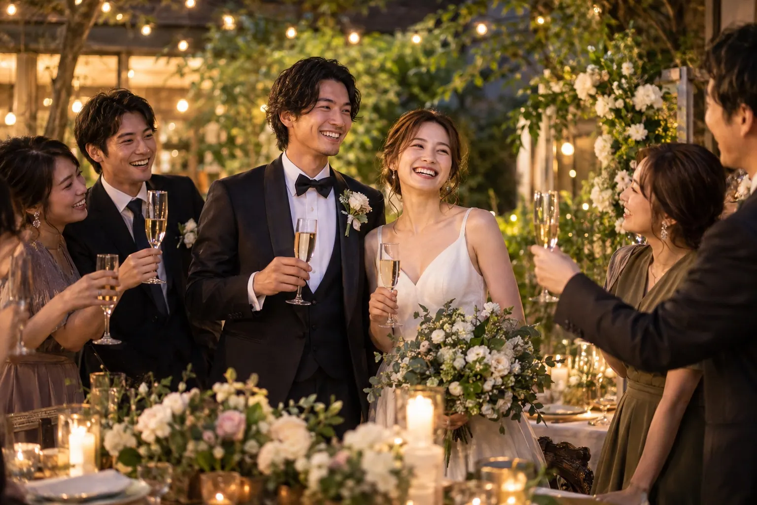 結婚式のパーティーで新郎新婦を祝う友人たちのイメージ