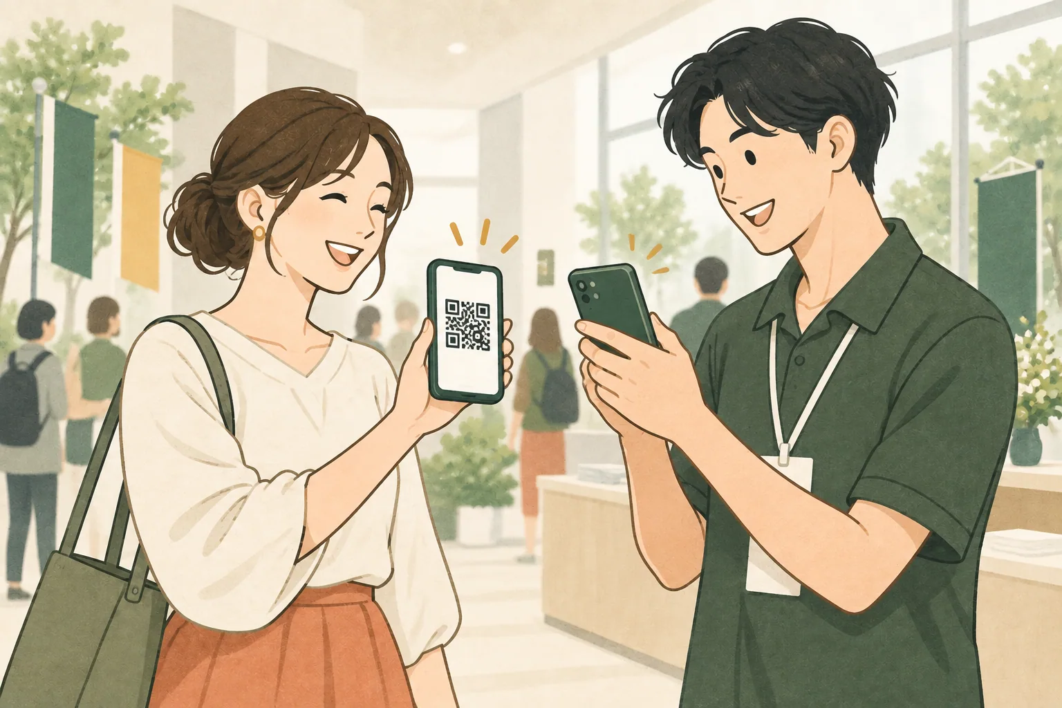スタッフが来場者のスマートフォンに表示したQRコードを読み取る受付のイメージ