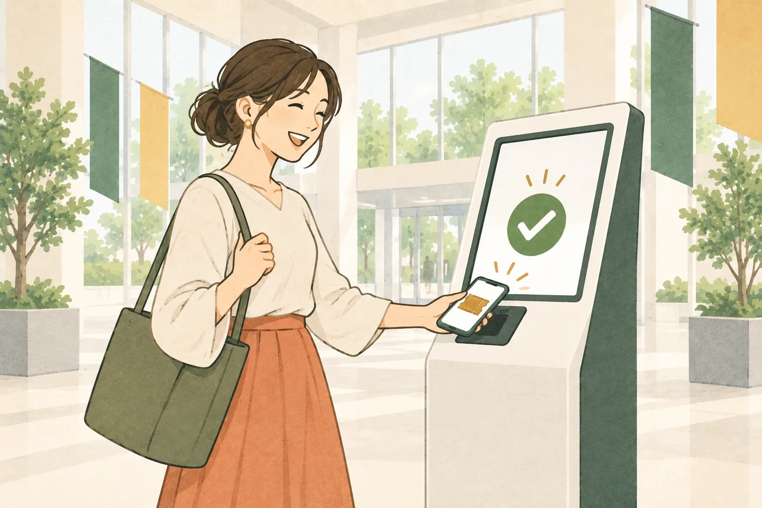 来場者が自分でスマートフォンを受付端末にかざして認証するセルフチェックインのイメージ