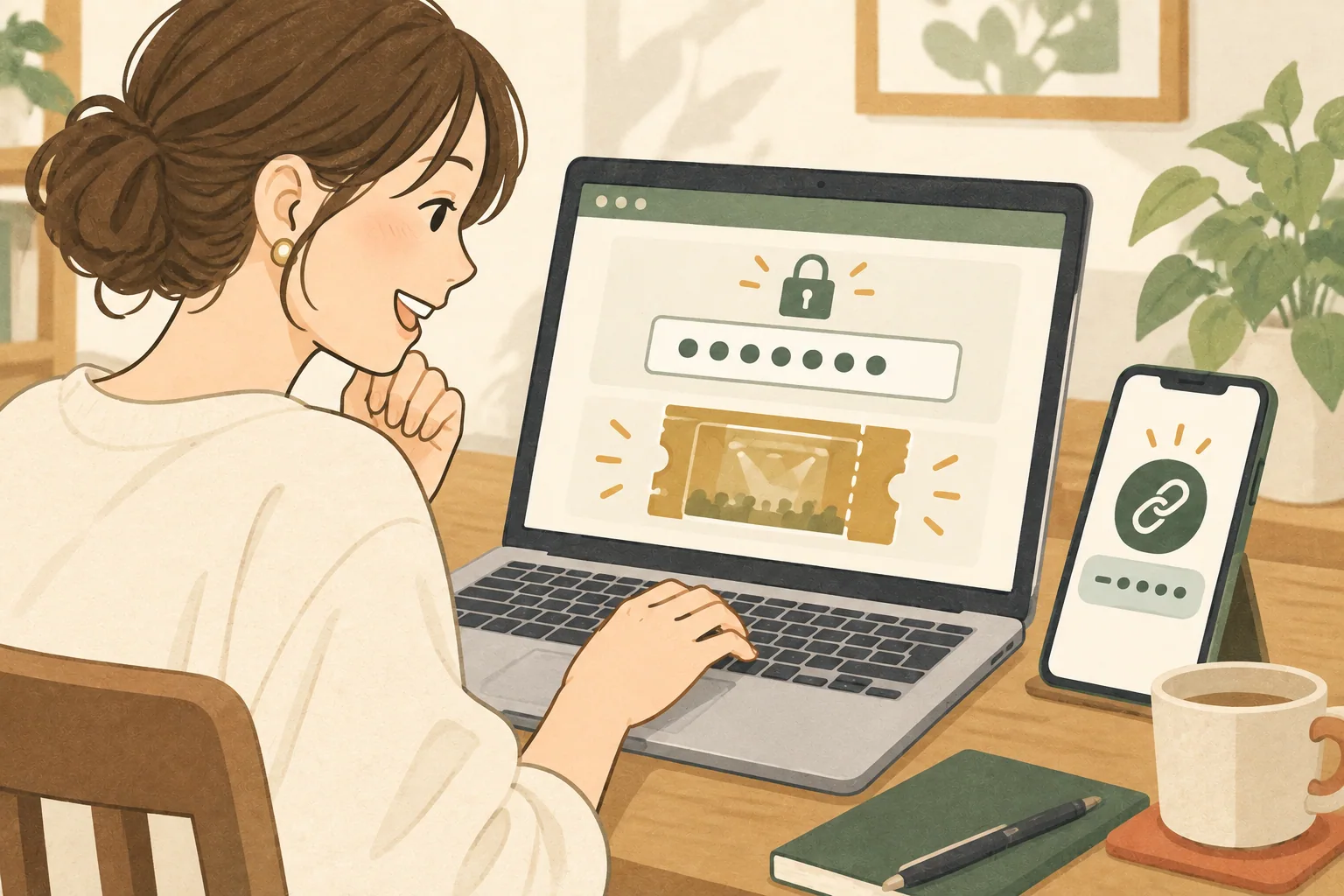 専用URLやパスワードで限定公開の公演ページを閲覧するイラスト