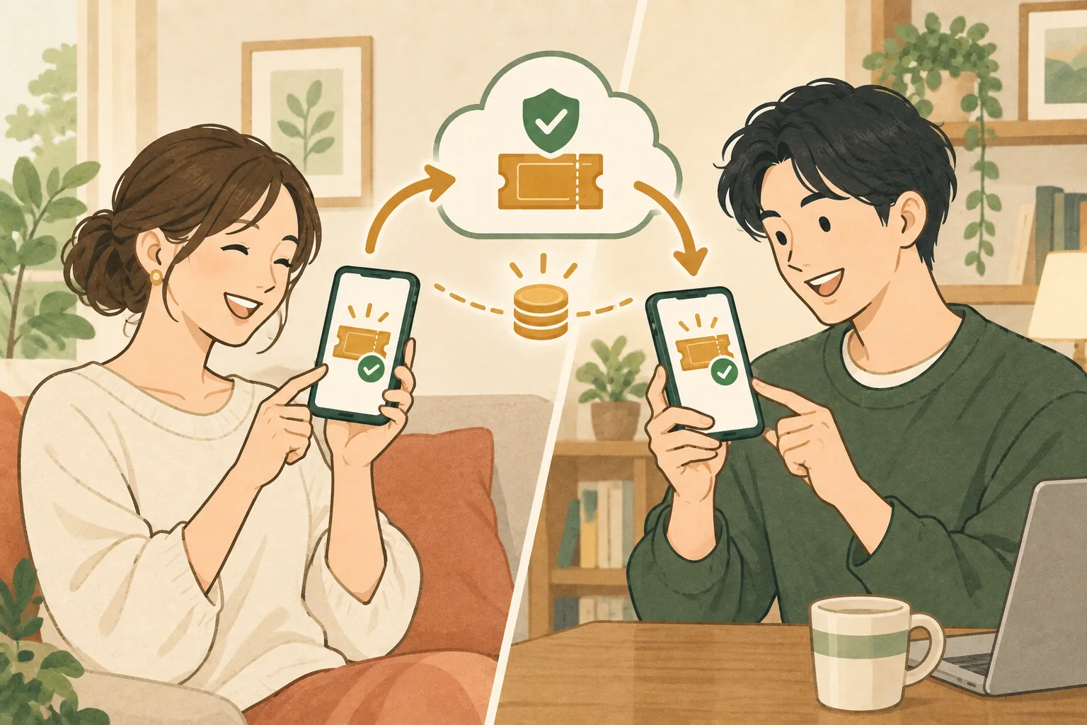 離れた場所からオンラインでチケットをリセールするイラスト