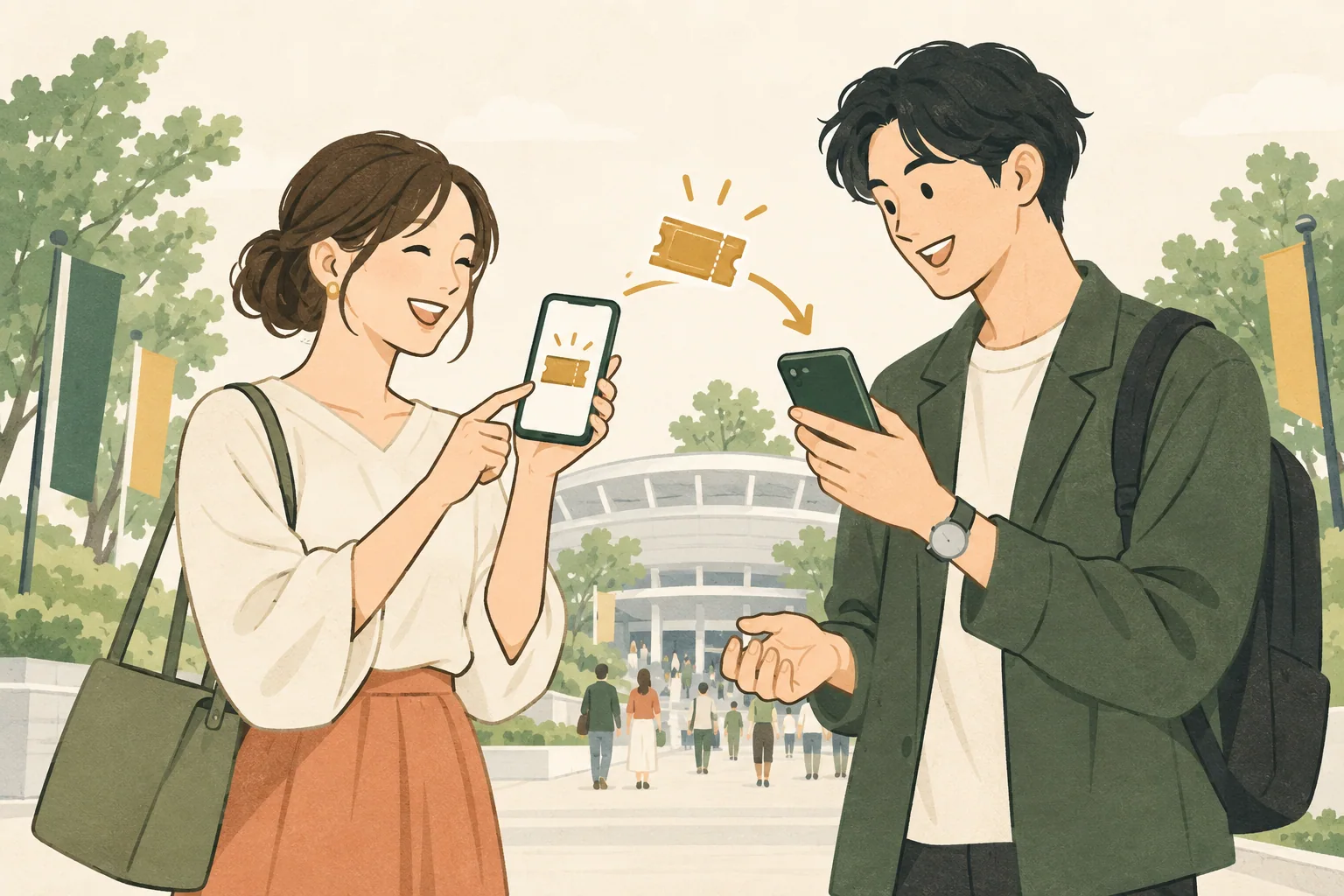 スマートフォンで電子チケットを譲渡するイラスト
