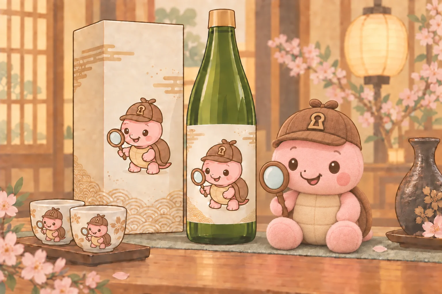 えすけーぷがめのぬいぐるみと、キャラクターラベルのコラボ日本酒のイメージ