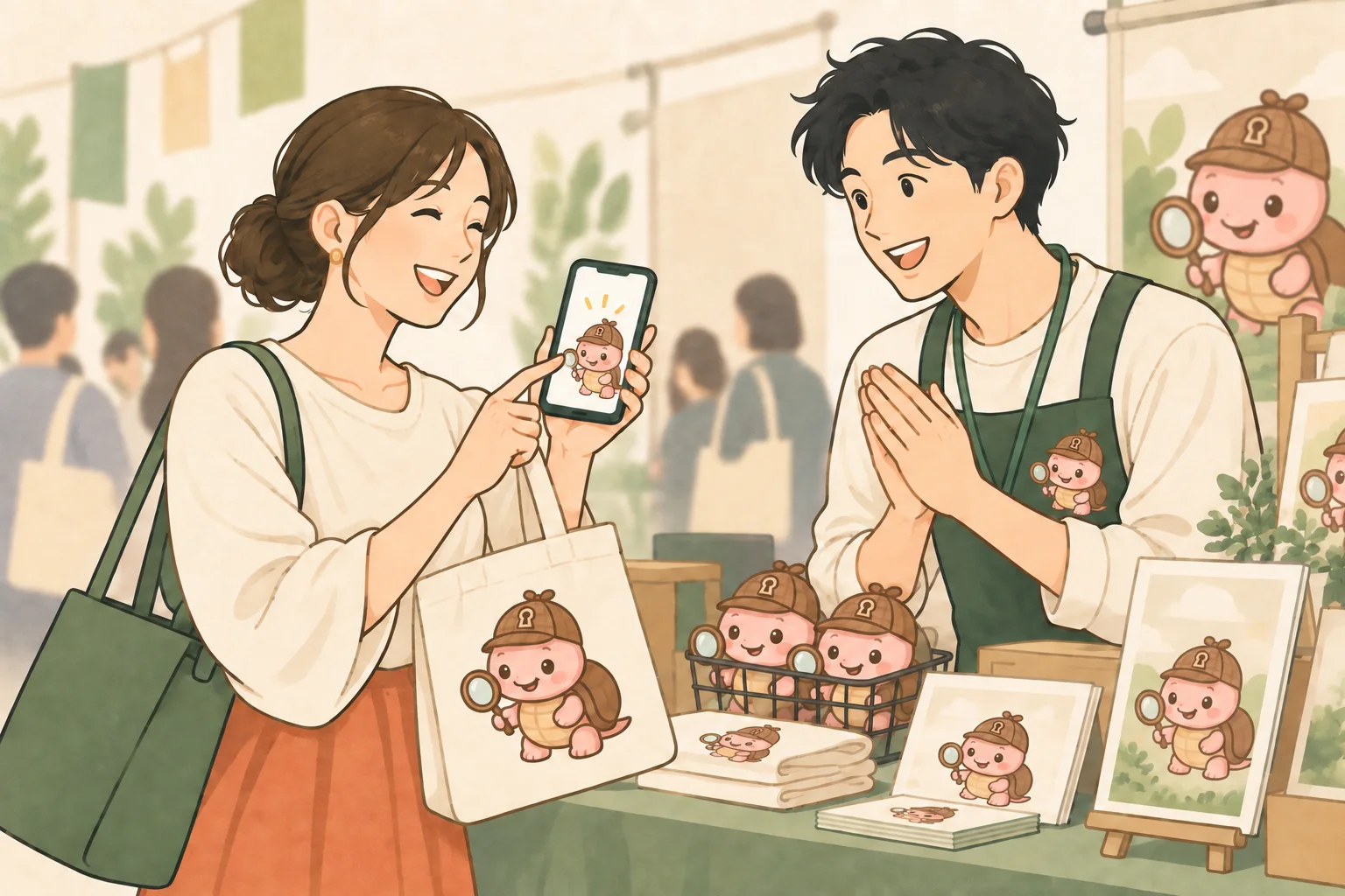 終演後の物販コーナーで探偵のカメのキャラクターグッズを受け取る参加者のイメージ