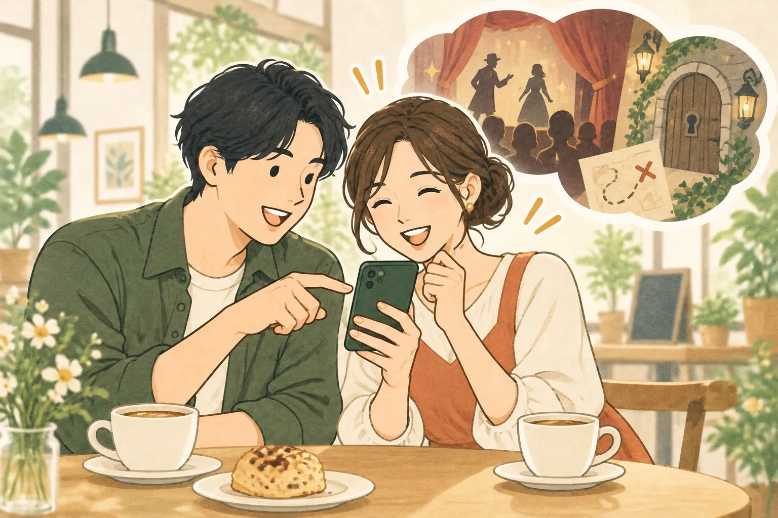 スマートフォンで次に参加する体験を楽しそうに選ぶ友人たちのイメージ