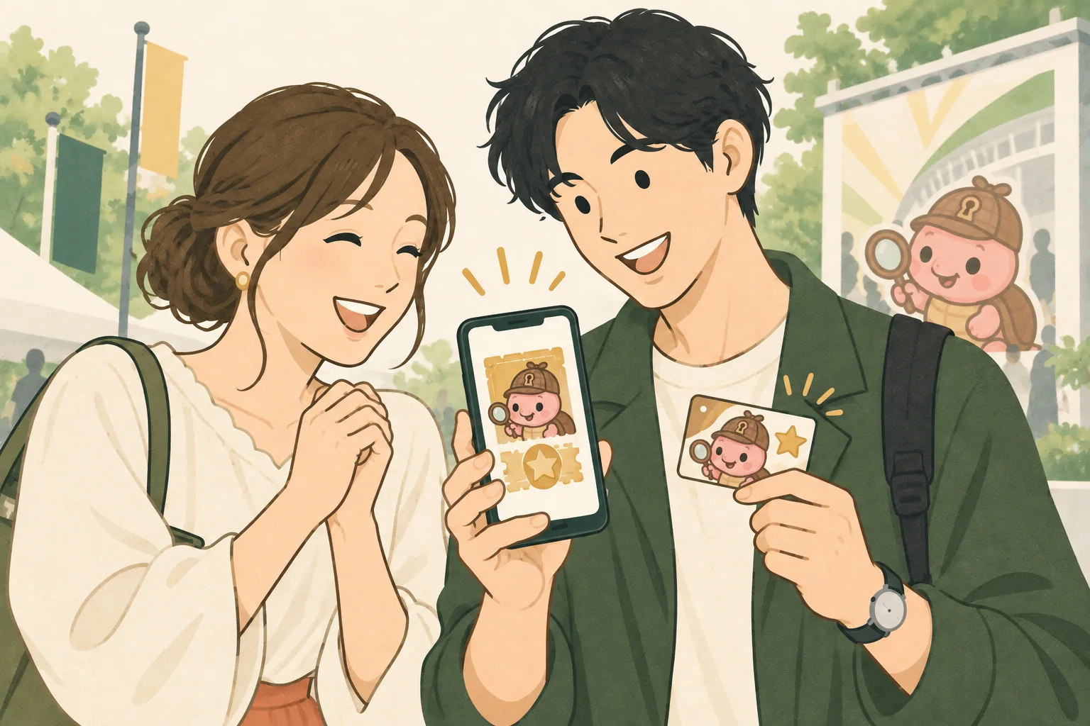 探偵のカメの会員限定券面を楽しむファンのイラスト