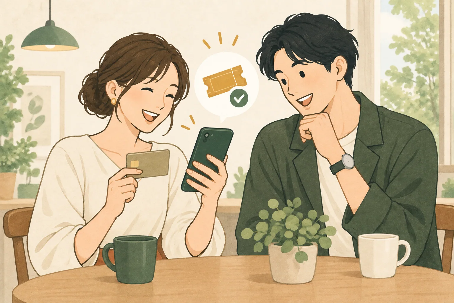 スマートフォンとクレジットカードを用意してイベントを予約する二人のイメージ