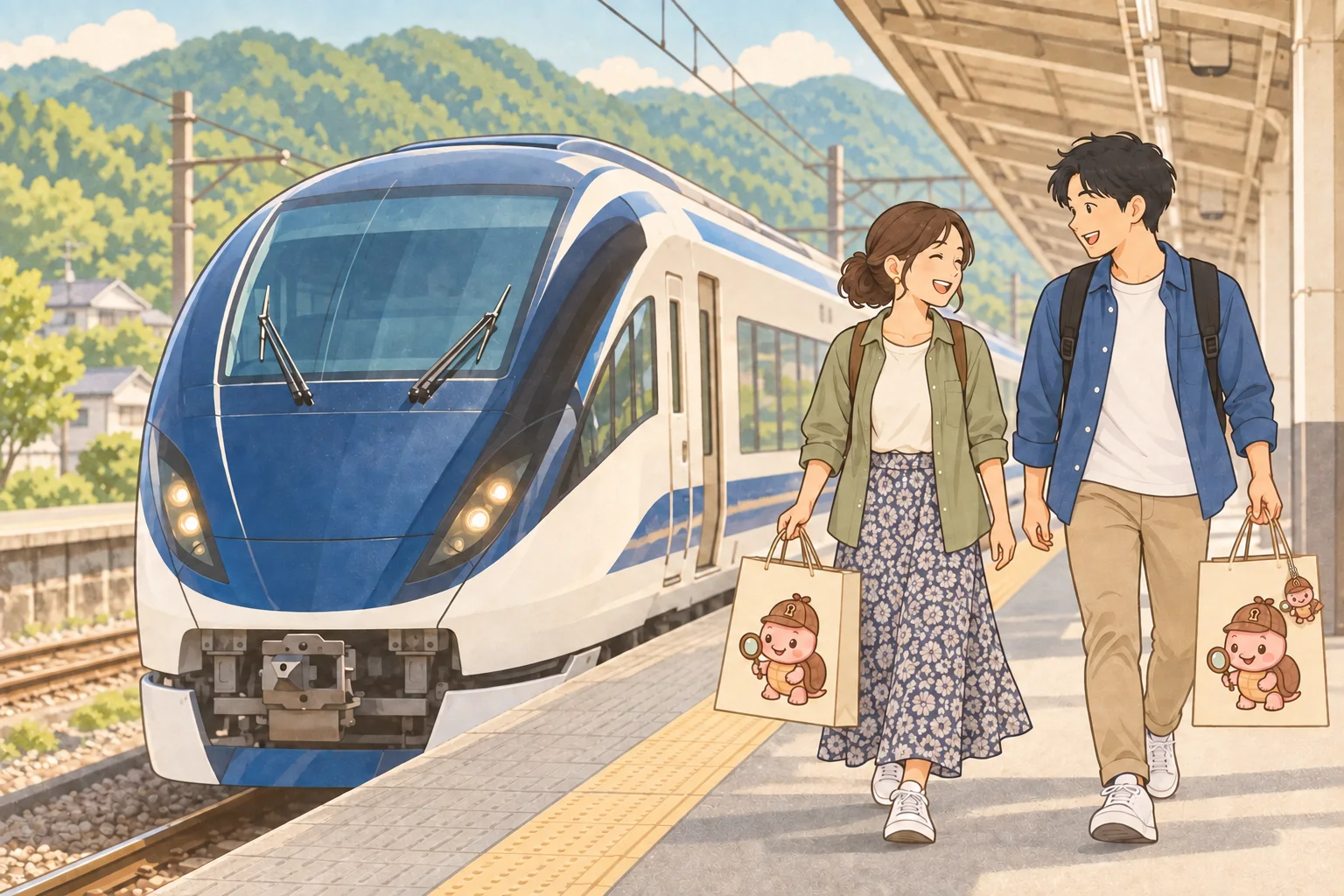 カメのキャラクターグッズの紙袋を持ち、列車で旅をする二人。交通セットのイメージ